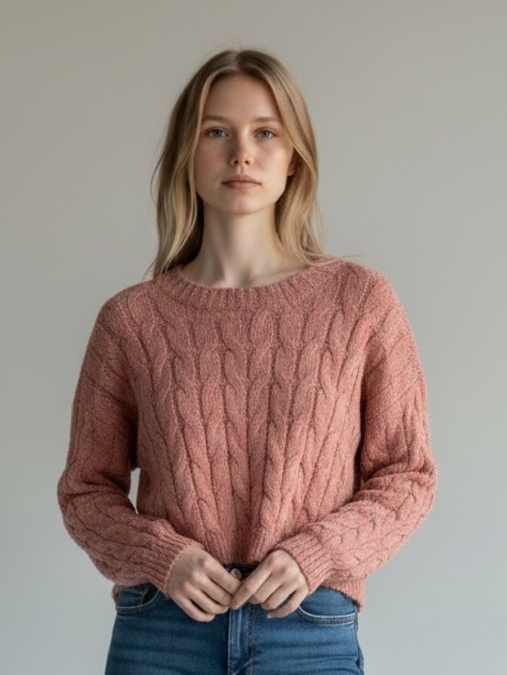 Altar’d State CroppedCable Knit Crewneck Sweater in Clay Orange